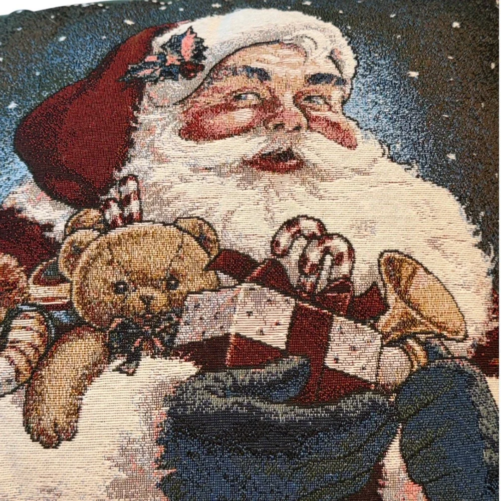 Vintage Tapestry Santa Claus Christmas Throw Pillow Teddy Bear Toys Green 16x16